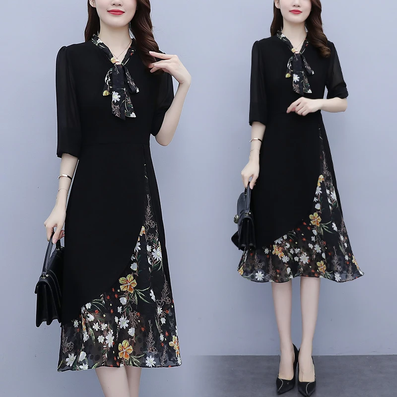

plus Size Autumn New Faion Floral Print Chiffon Splicing Midi Dr Korean Sle Slimming Commute Sle Long Sve Dr