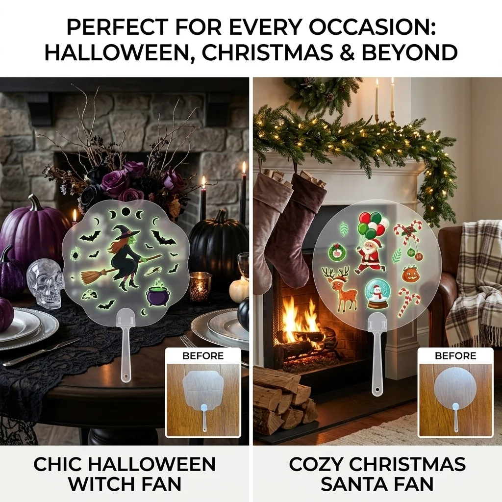 Handmade DIY Transparent Stickers Fan Blank Hand Drawn Small Fan Halloween Christmas Hand Cranked Fan Round Fan Surprise Gifts