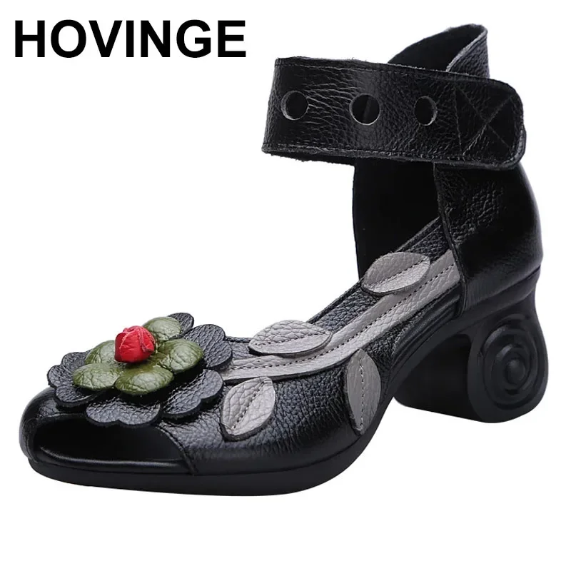 HOVINGESummer Genuine Leather Retro Style Chunky Heel Sandals Flower Open Toe Handmade Women High-Heeled Shoes Ladies\' Sandals