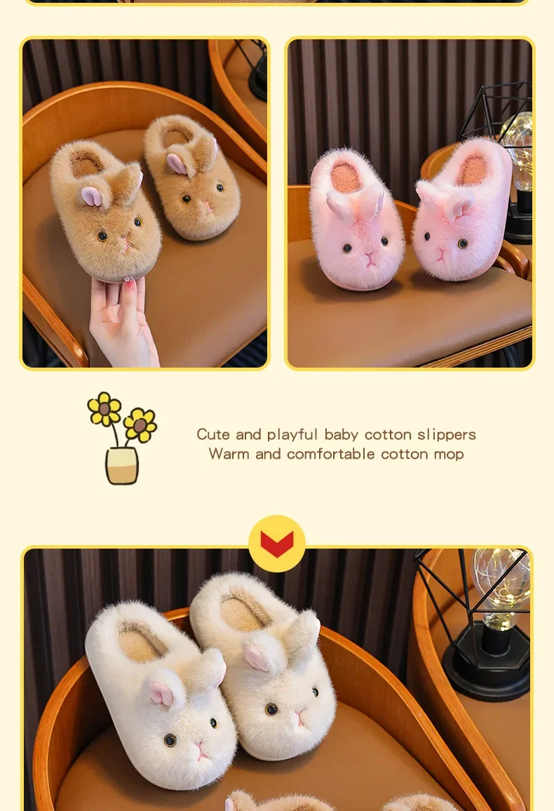 2026 Mädchen Herbst Winter Baumwoll-Hausschuhe Kinder Slip-On Warme Schuhe Niedlicher Hase Rutschfest Weich Bequem Plüsch Hausschuhe für drinnen – Detail 15