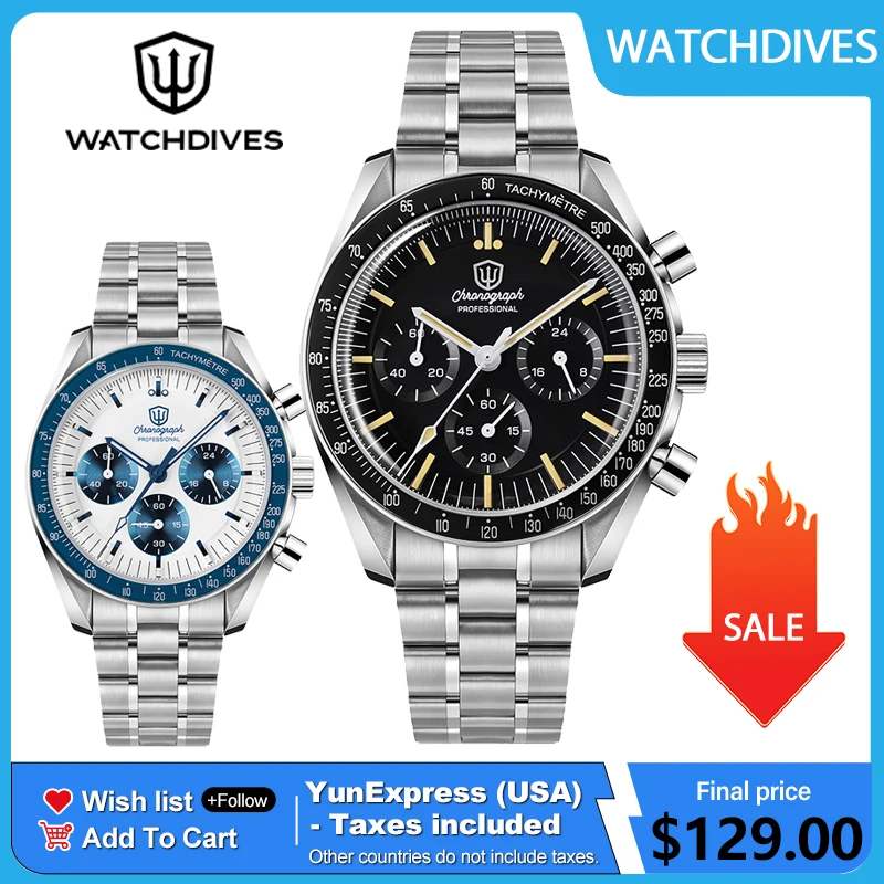 Watchdives 39mm Watch VK63 Chronograph Movement Aluminum Bezel