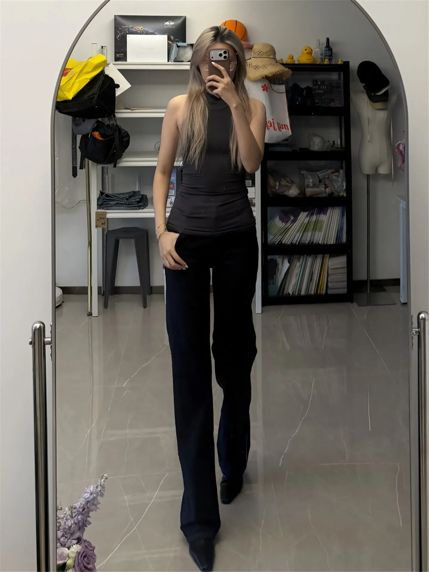 

American Vintage Low Waist Slim Fit Black Skinny Jeans Women's Extended Length Tall Size Jeans Casual Cotton Straight Leg