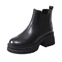 2024 New Soft Boots British Style Women's Shoes Fashion Round Toe Ankle Boots Winter Elastic Black Comfortable Boots