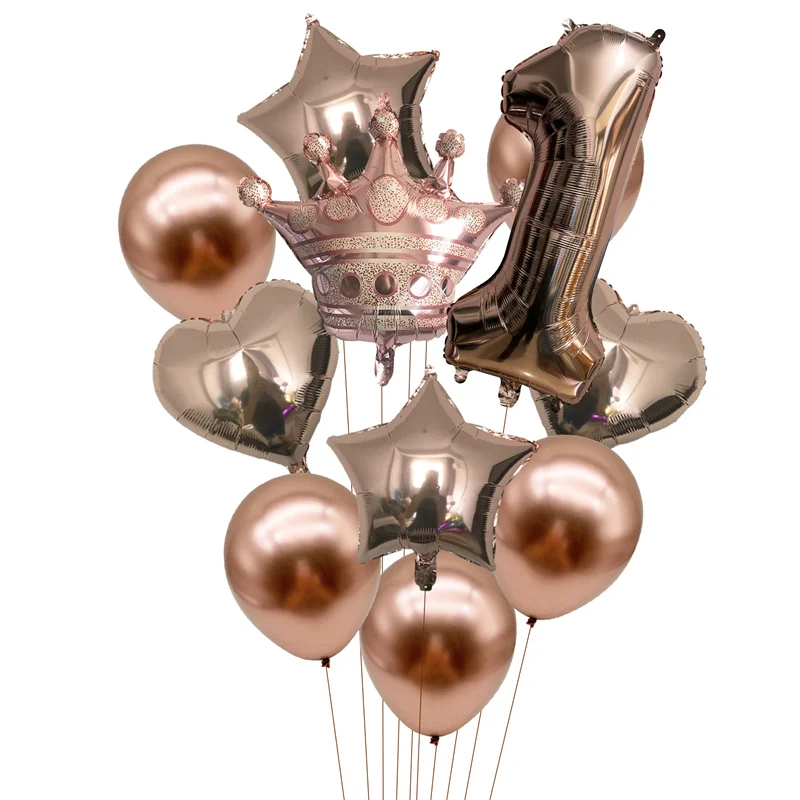 

1Bag 1st Birthday Balloon Set Crown Star Heart Foil Metallic Latex Balloons for Baby 1 Year Old Birthday Party Decoration Globos