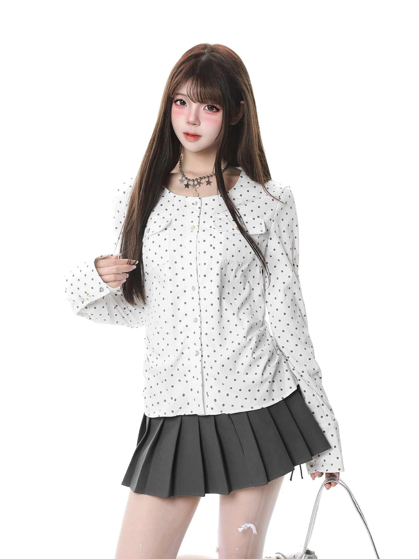 

Korean Sle Girl's Polka Dot round Ne Long Sve irt ort Length Waist Cinched Slimming Younger Looking Spring 2026 Wo...