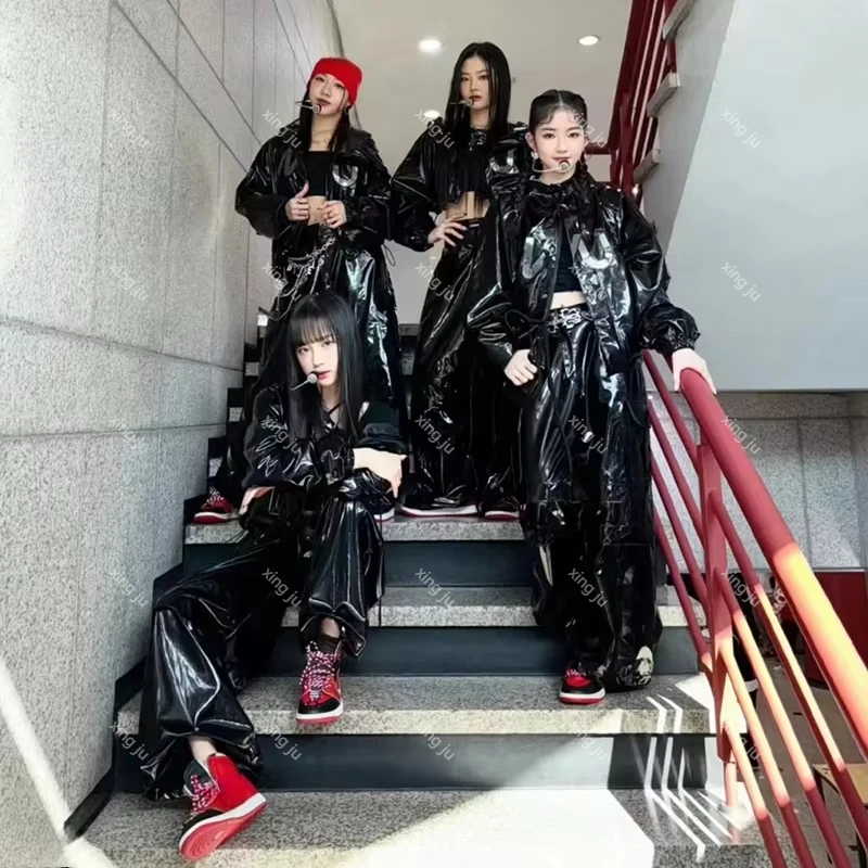 Kpop Women Group Jazz Dance Outfits Black Shiny Leather Coats Leather High Waist Wide Leg Pants Jazz Dance Performance Clothing