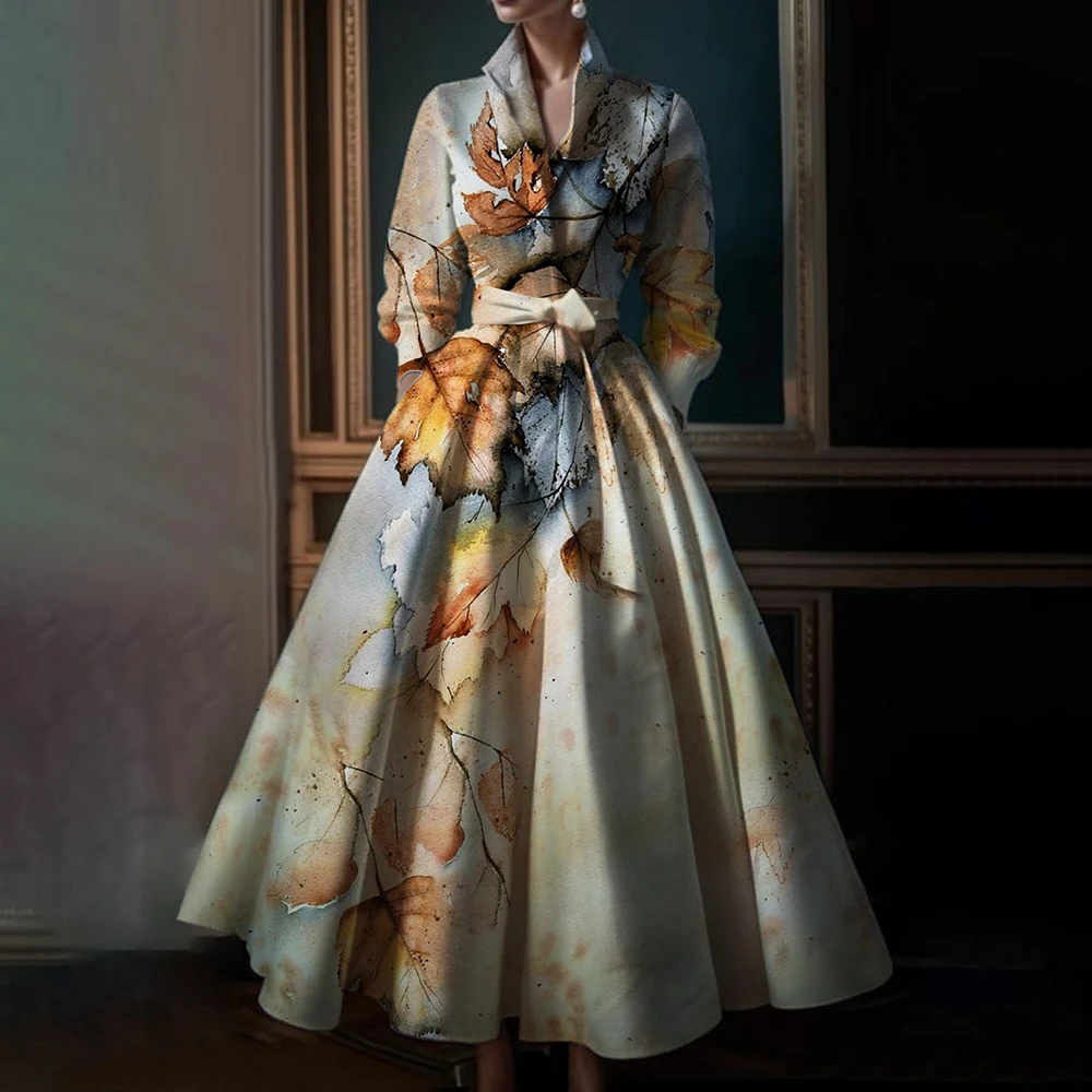 Abito lungo da donna elegante con stampa di foglie d'acero Abito lungo vintage a maniche lunghe in cotone con risvolto a vita alta Abiti lunghi da sera femminili
