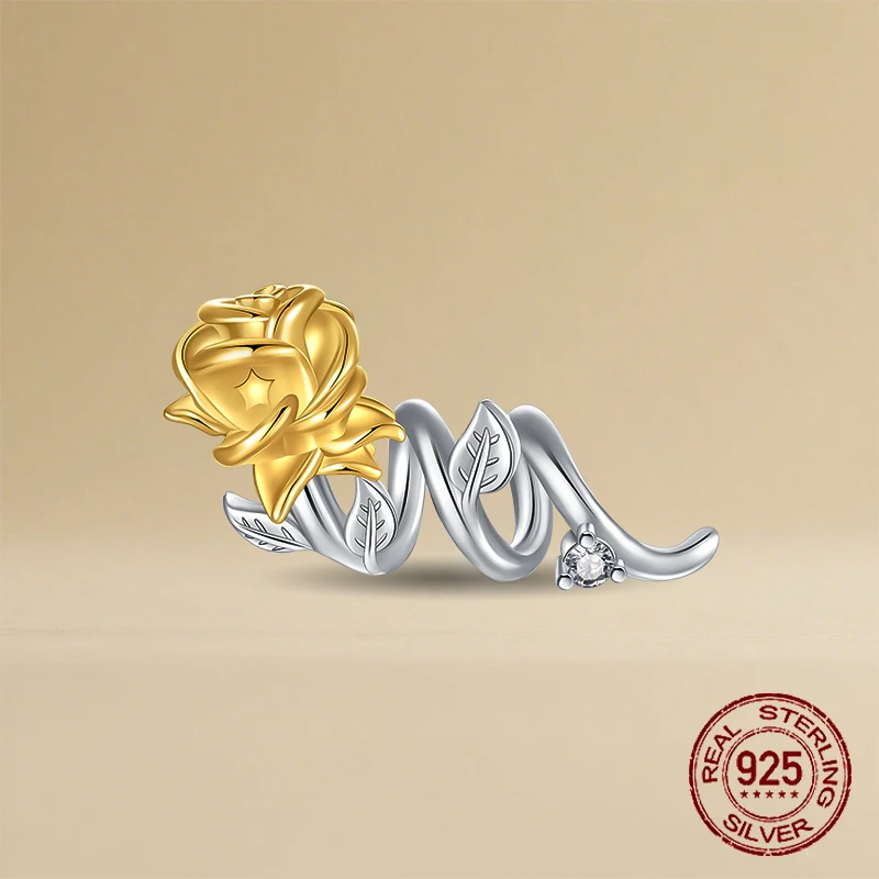 

925 Sterling Silver Yellow Rose Happiness Friendship Gratitude Beads Charm Fit Original Charms Bracelets Women DIY Jewelry Gift
