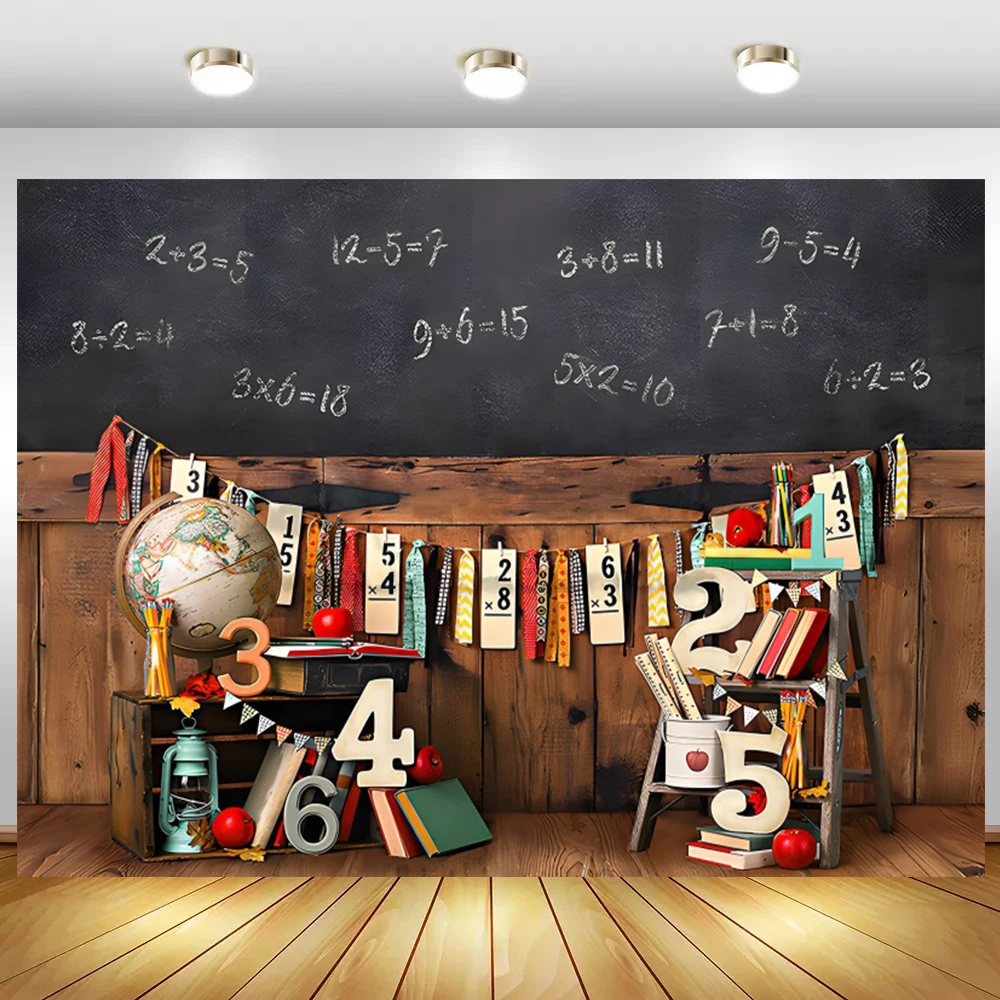 Laeacco-سبورة خيالية للعودة إلى المدرسة ، أقلام رصاص أرضية خشبية ، كتب ، ملصق حفلات ، خلفية صور ، خلفية تصوير