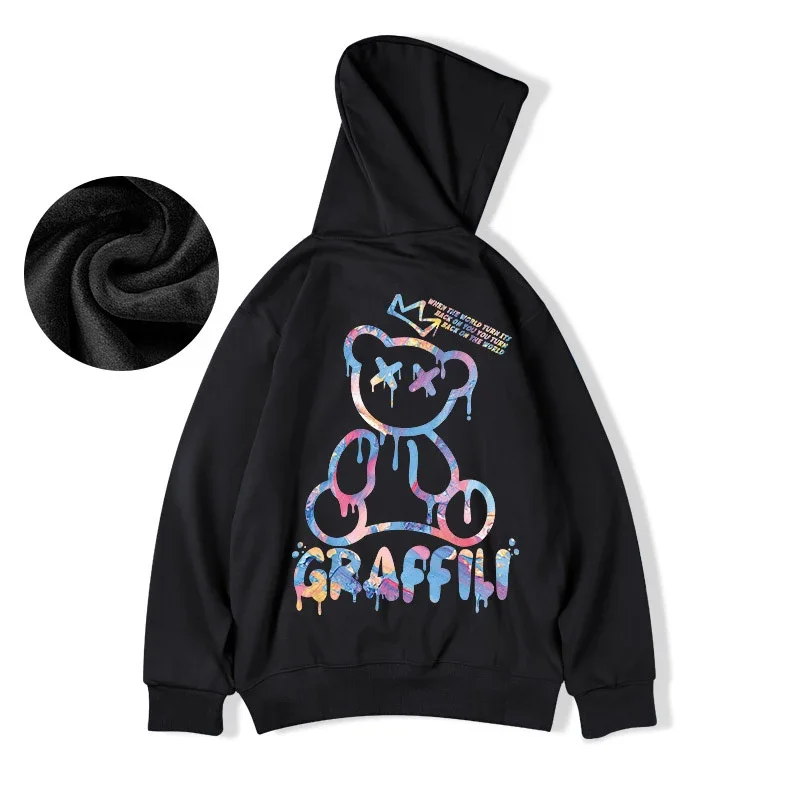 Retro Autumn Casual Pullover Hooded Sweatshirts Hip Hop Y2K Hoodies Clothes High Street Graffiti Bear Print Men's Fleece Hoodie