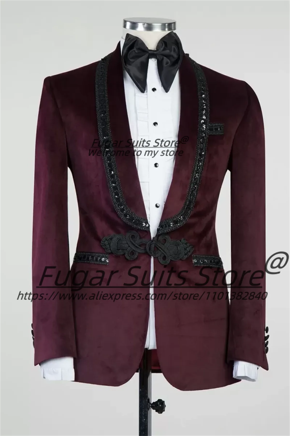 

Luxuly Wine red velvet Bead embroidery Men Suits Slim Fit Tailor Made Groom Tuxedos 2 Pcs Sets Elegant Male Blazers Ropa Hombre