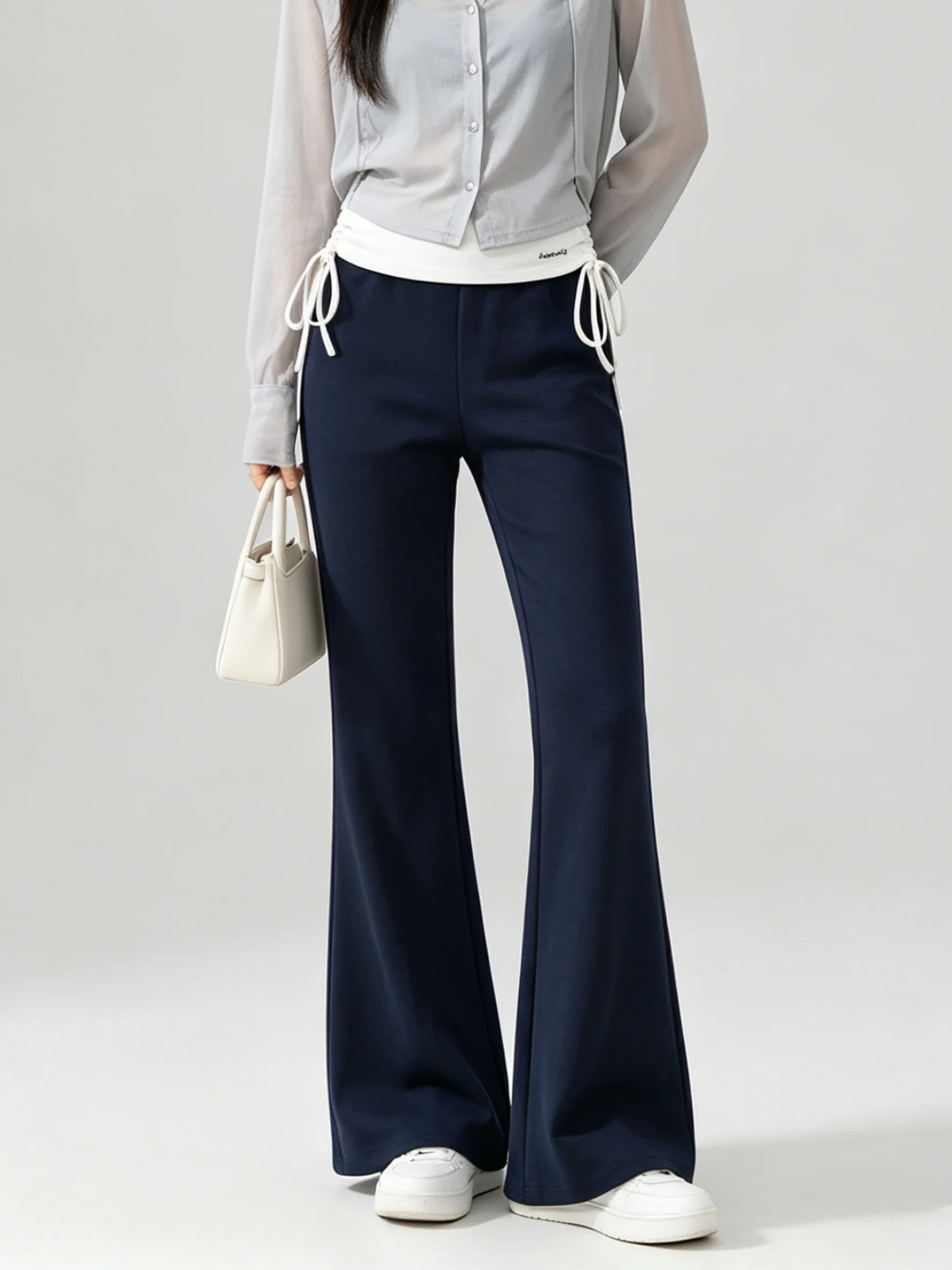 Skin-friendly Breathable Early Autumn Embroidered Flared Casual Pants High Waist Elastic Waistband Korean Style Ladies Trousers