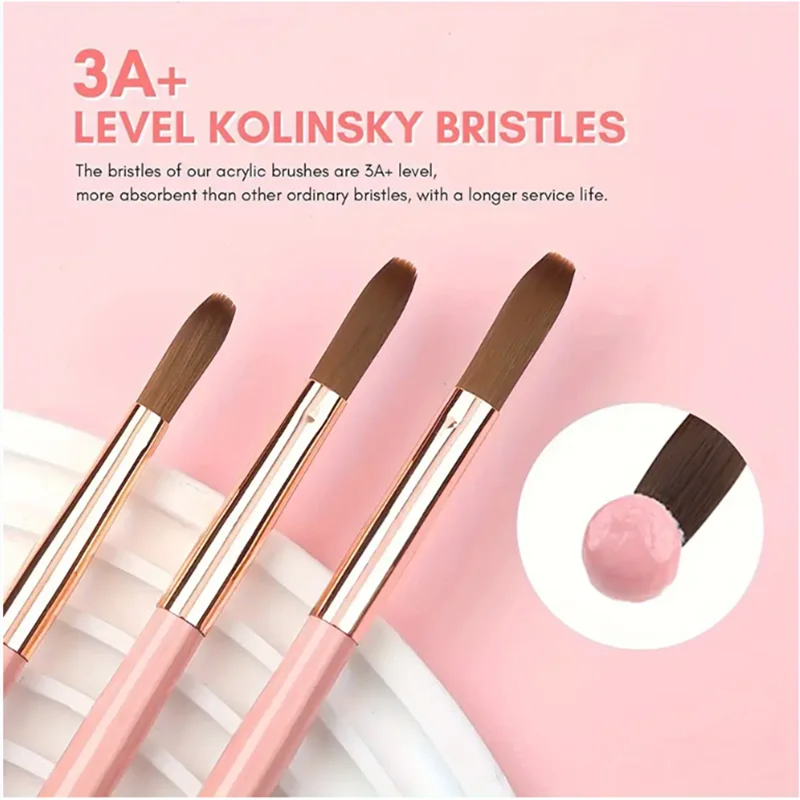 3pcs Pink Handle Acrylic Nail Brushes Professional Crystal Powder Extension Carving Tool 8/10/14 Beginner Manicure Salon Brush