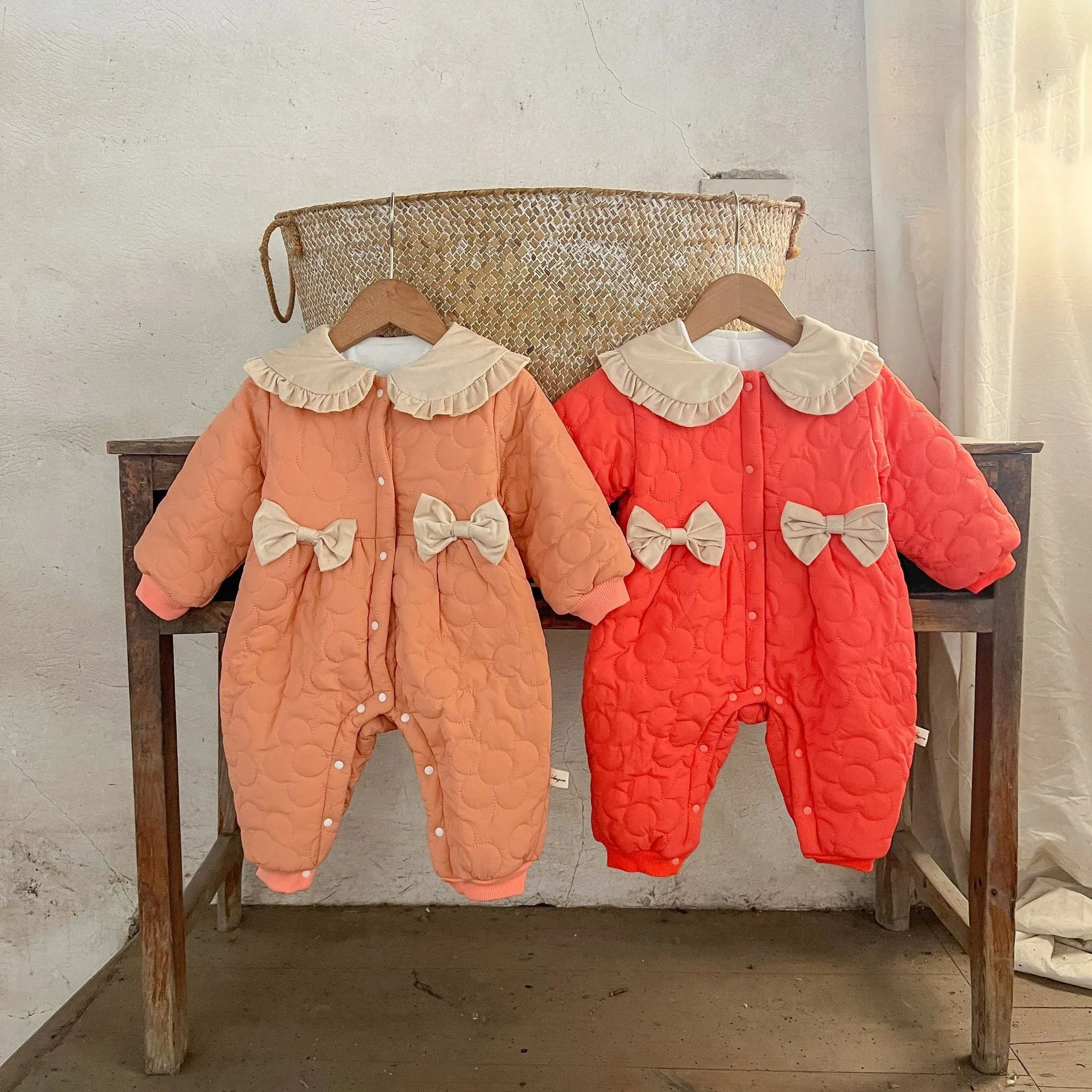 Korean Newborn Fleece Quilted Thick Turn Down Collar Bow Knot Romper Padded Coat Infant Warm Winter Trendy