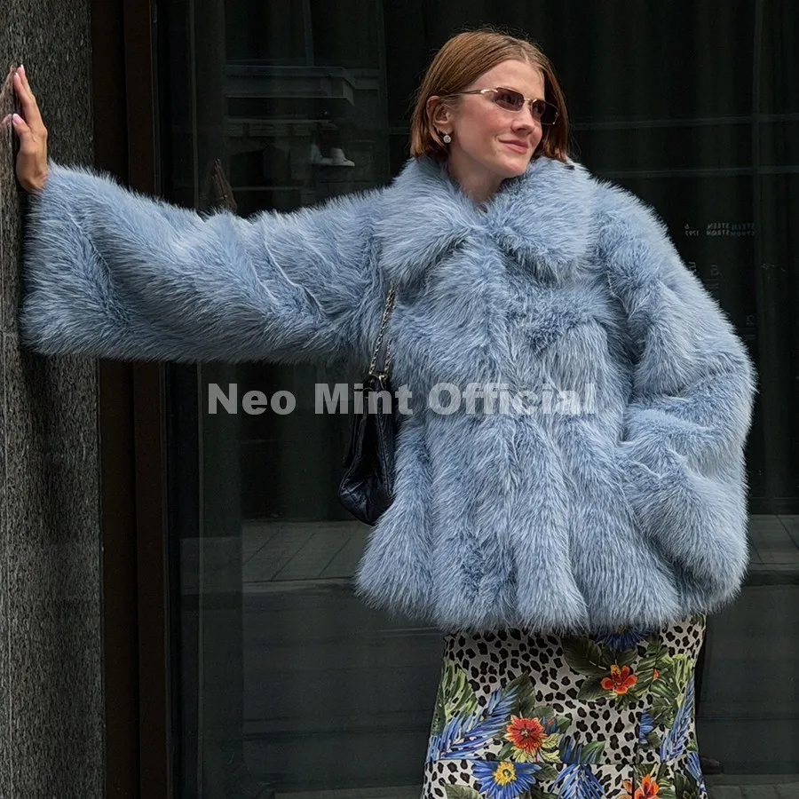 Neo Mint Trendy 2026 Winter Hot Chocolate Brown Peplum Fur Jacket Women Vintage Fashion Fluffy Faux Fox Fur Coat Long Outerwear