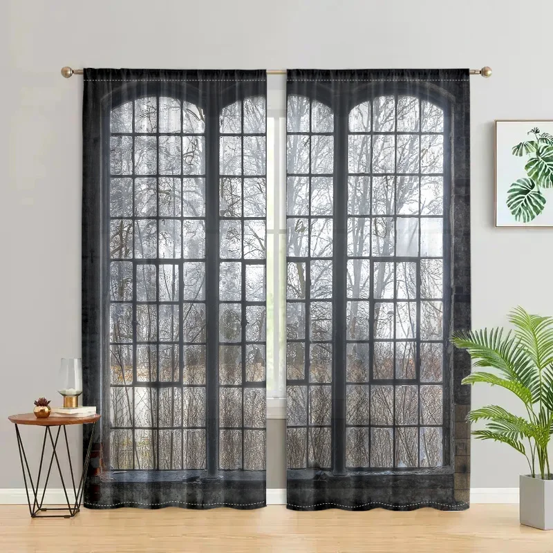 2 pieces, worn-out industrial style, French window landscape glass curtains - living room, bedroom, and other home decorations