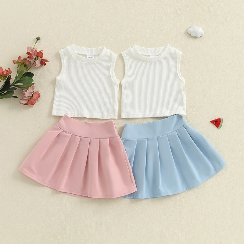 

2025-01-06 Lioraitiin Toddler Kids Girl Outfit Solid Colors Ribbed Sleeveless Tank Tops and Pleated A-Line Skirt Set