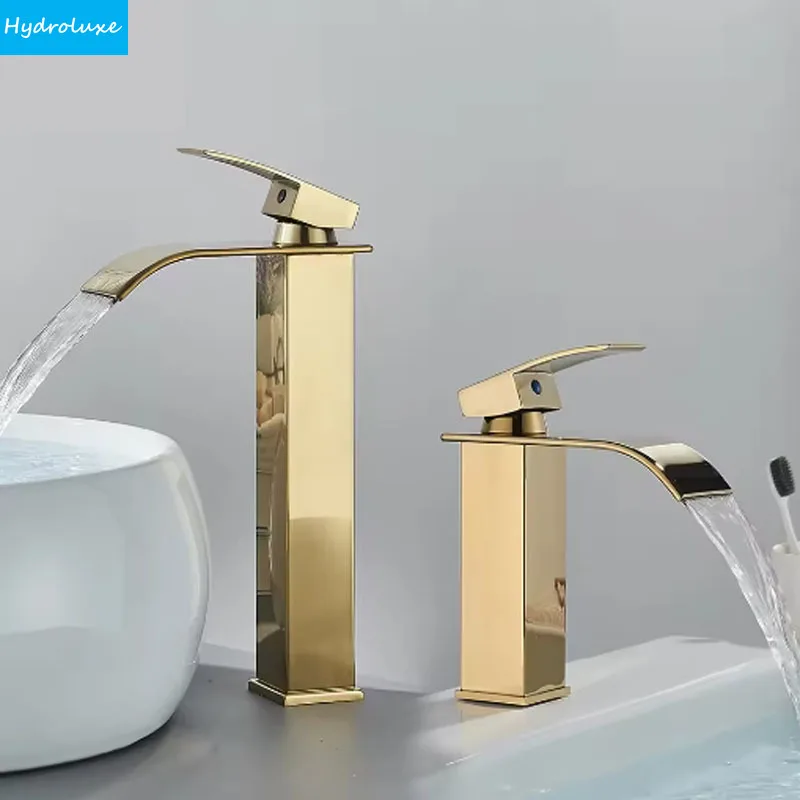 

Toilet Brushed Golden Basin Faucets Tap Elegant Waterfall Bathroom Sink Washbasin Faucet Single Lever Hole Deck Mount Mixer Taps