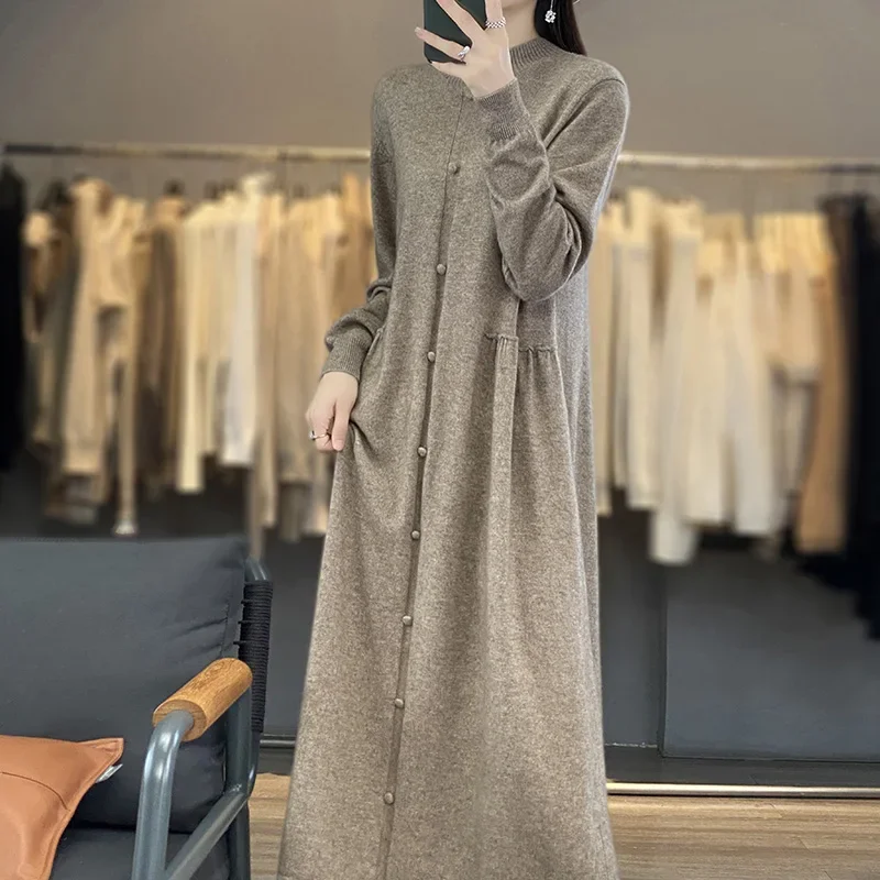 Women\'s Cashmere Sweater Skirt Set High-Neck Long Over-the-Knee Coat Combo for Winter Fashion