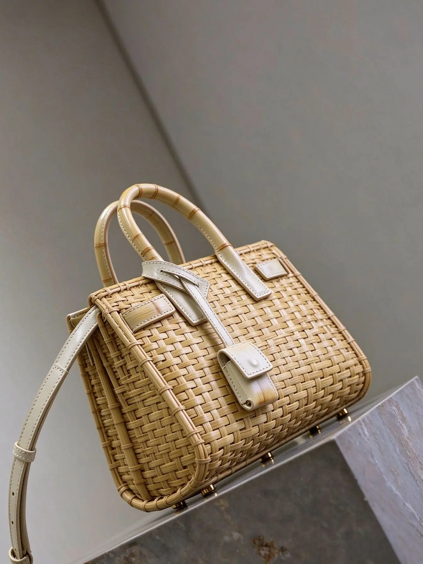 Vintage Handwoven Rattan Box Tote Bag For Women Bamboo Handle Detail, Leather Strap & Gold Metal Feet Seaside Vacation Handbag
