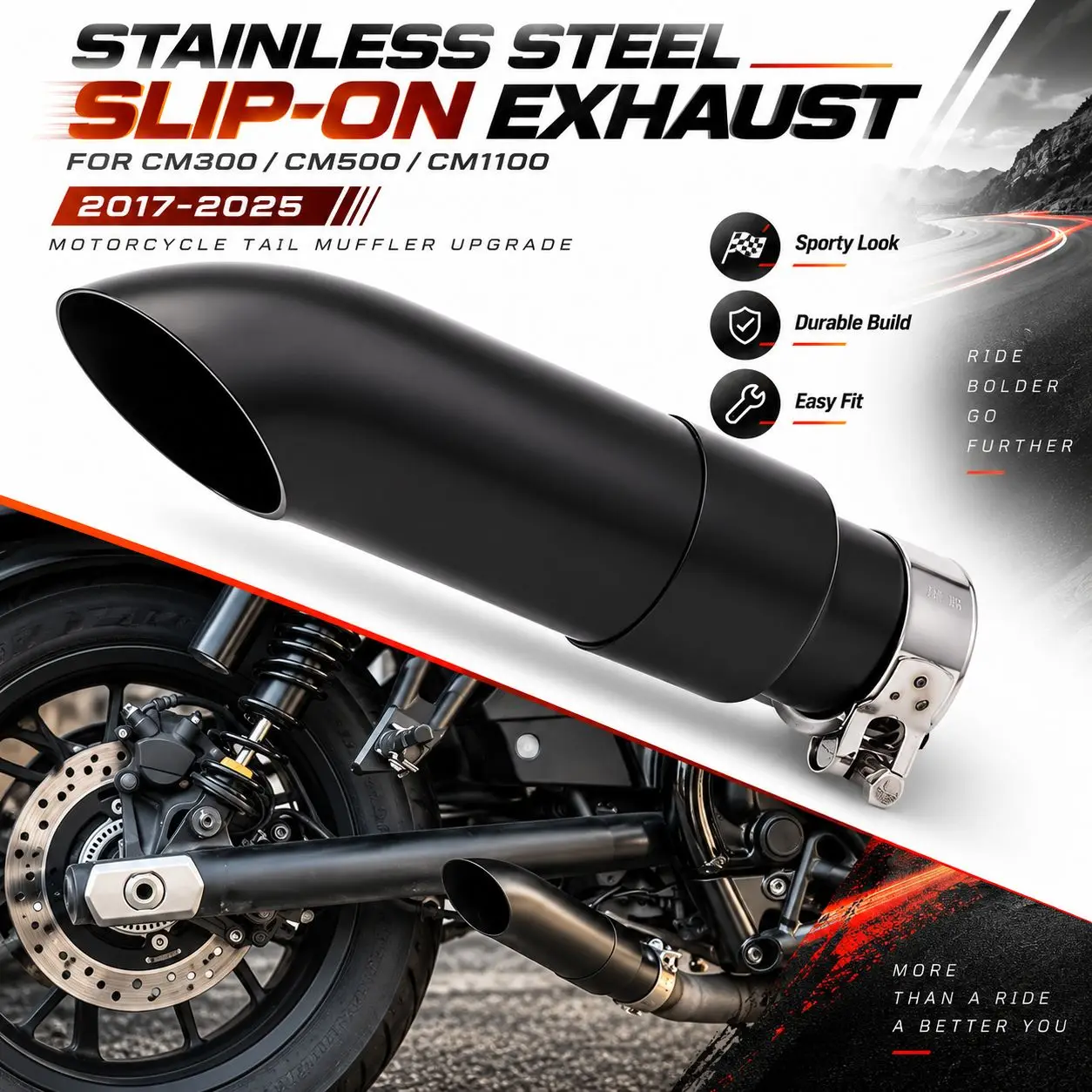 GP Kurzer Slip-On Auspuff mit Schalldämpfer DB Killer für Honda Rebel 1100 CMX1100 CMX500 CMX300 CM1100 CM500 CM300 2017-2025 Edelstahl Schwarz