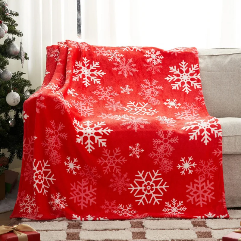 Christmas Printed Flannel Plush Blanket Skin-Friendly Soft Nap Shawl for Office Sofa Snowflake Elk Holiday Decoration for Gift