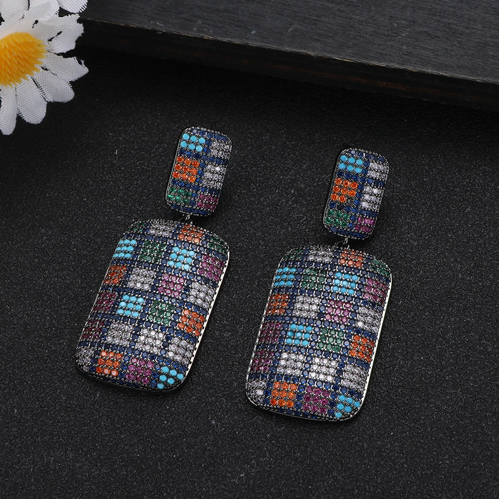 1 Pair Multicolored Crystal Checkerboard Drop Earrings for Avant-Garde Party Fashion Women's Jewelry Gift for Birthday