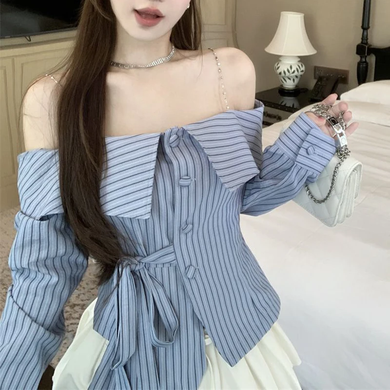 Women Korean Fashion Striped Print Lace-up Shirt Sexy Off Shoulder Chain Sling Slim Blouse Sweet Chic Long Sleeve Irregular Tops