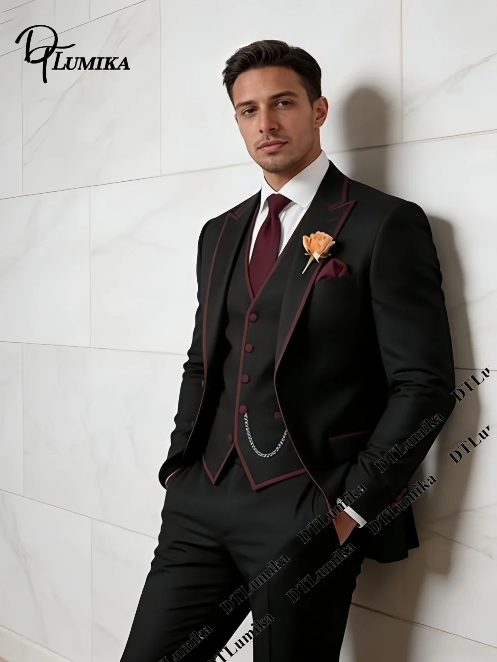 DTLumika High End Piping Three-Piece Men’s Suit (Blazer + Waistcoat + Trousers) One Button Suit Jacet, Single Row Vest, Pants