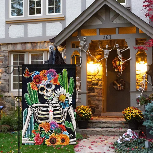 Day of the Dead Garden Flag 12X18 Inch Double Sided Burlap Skull Skeleton Flower JJE DDI GGX