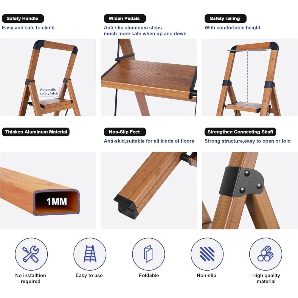 Antypoślizgowy, przenośny, wytrzymały, 4-stopniowy aluminiowy składany stołek z wykończeniem imitującym drewno do użytku domowego, kuchennego i biurowego.