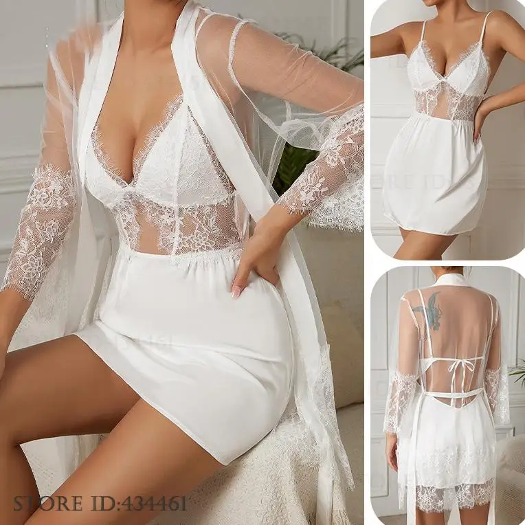 

Сексуальная перспективная кружевная ночная рубашка и халат, ночная рубашка, новая летняя женская одежда для сна, пижамное белье, шелковое атласное домашнее платье, одежда для дома