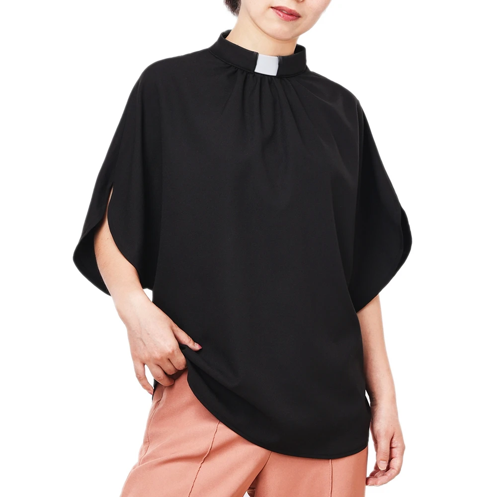 Women Black Clergy Shirt Tab Collar Batwing Sleeve Blouse Church Tops