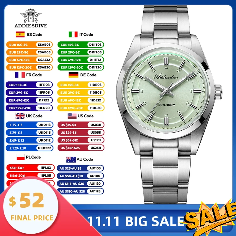 

ADDIESDIVE Watch For Men 36mm Quartz Wristwatch Bubble Glass 100m Waterproof BGW9 Luminous Stainless Steel Dress VH31 Watch