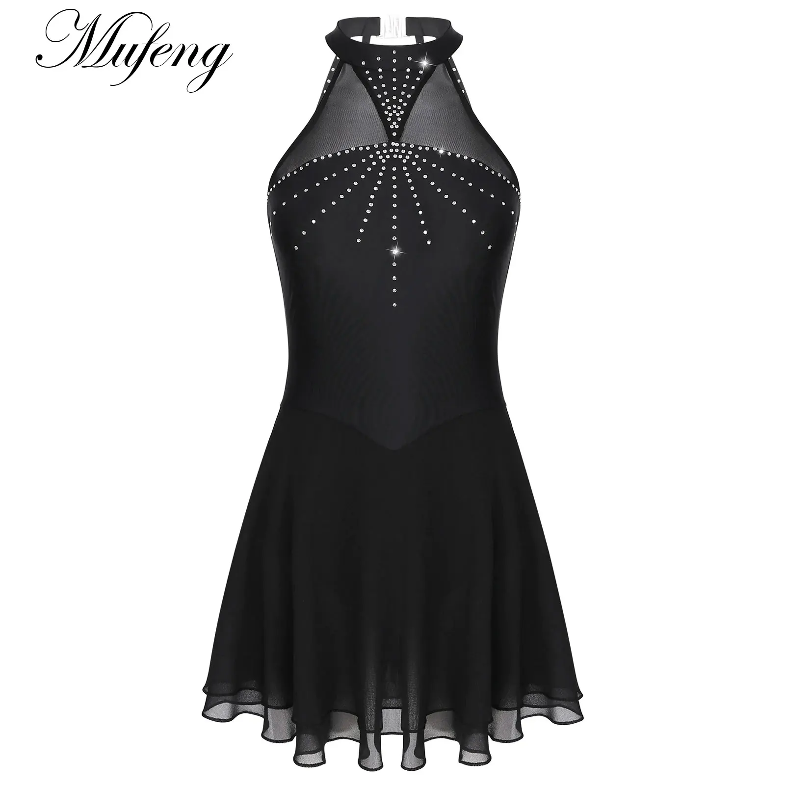 Frauen ärmellose lyrische Ballett Tanz kleid Illusion Mesh Strass Trikot Kleider Latin Jazz Dance wear Gymnastik Trikot