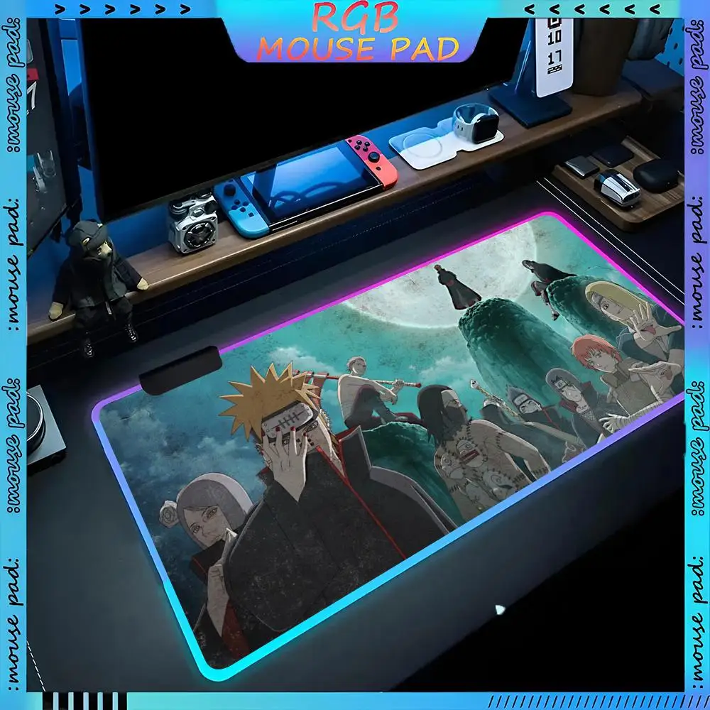 

N-NARUTO Anime Akatsuki Mouse Pad RGB Pc Accessories LED Game Desk Mat E-sport Table Protector Neon Keyboard Mat Backlit Carpet