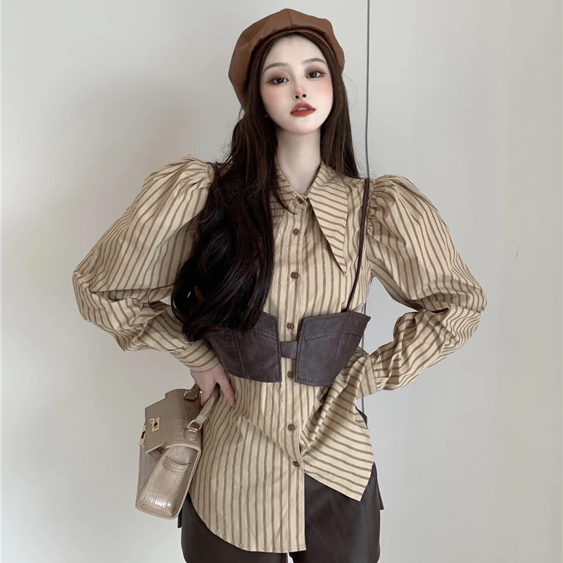 

Retro Striped Long Sleeve PU Leather Shirt Women's Loose Midi Two-Piece Set Spring Autumn Fashion Collar Button Detail