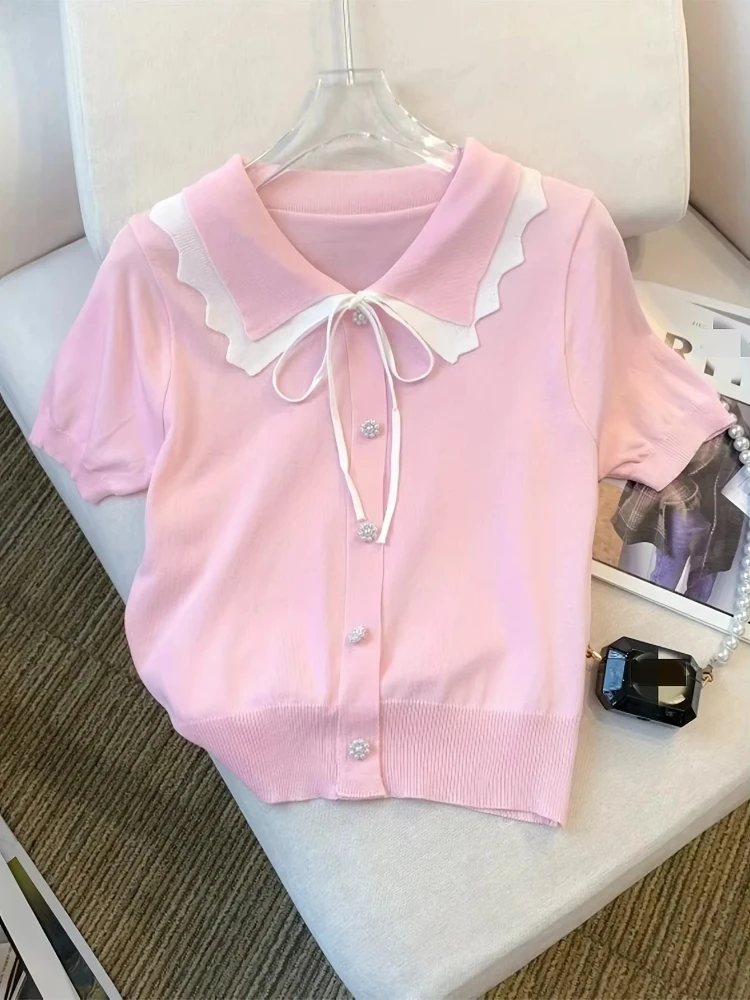 Women Short Sleeve With Lace Up Contrast Trim - Women Clothing Bow Tie T-shirt With Doll Neck And Ice Silk Knit Sweater Elegant