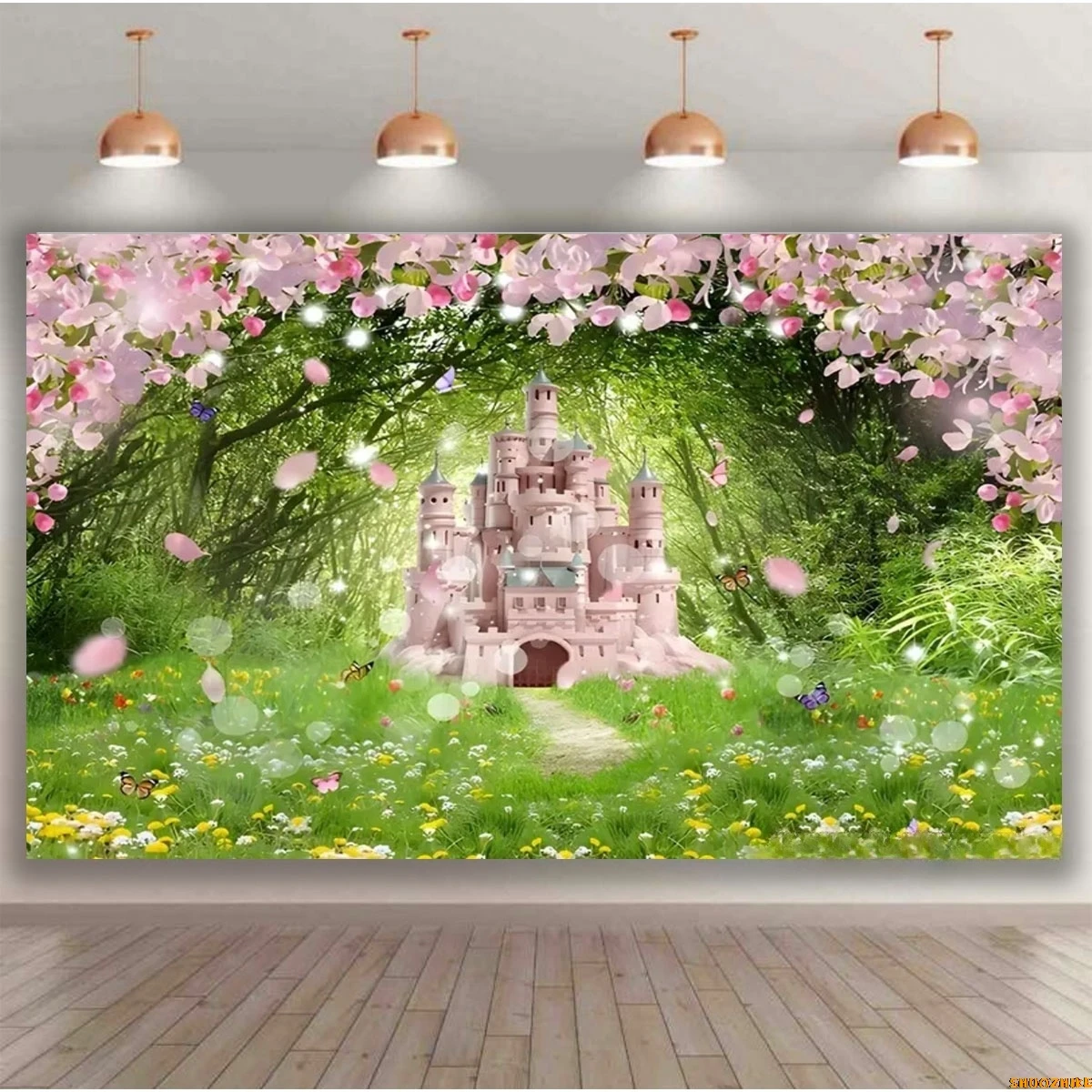 

Pink Rainbow Castle Princess Birthday Photography Backdrops Flowers Forest Princess Baby Shower Photo Studio Background BB-01