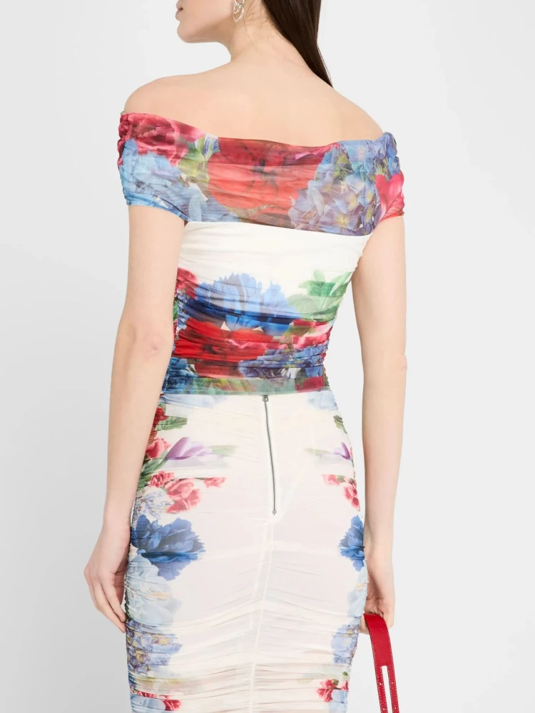 Sexy Off Shoulder Floral Mesh Midi Dresses For Women Elegant Ruched Bodycon Gown Birthday Party Clubwear Graduation Outfits view 2