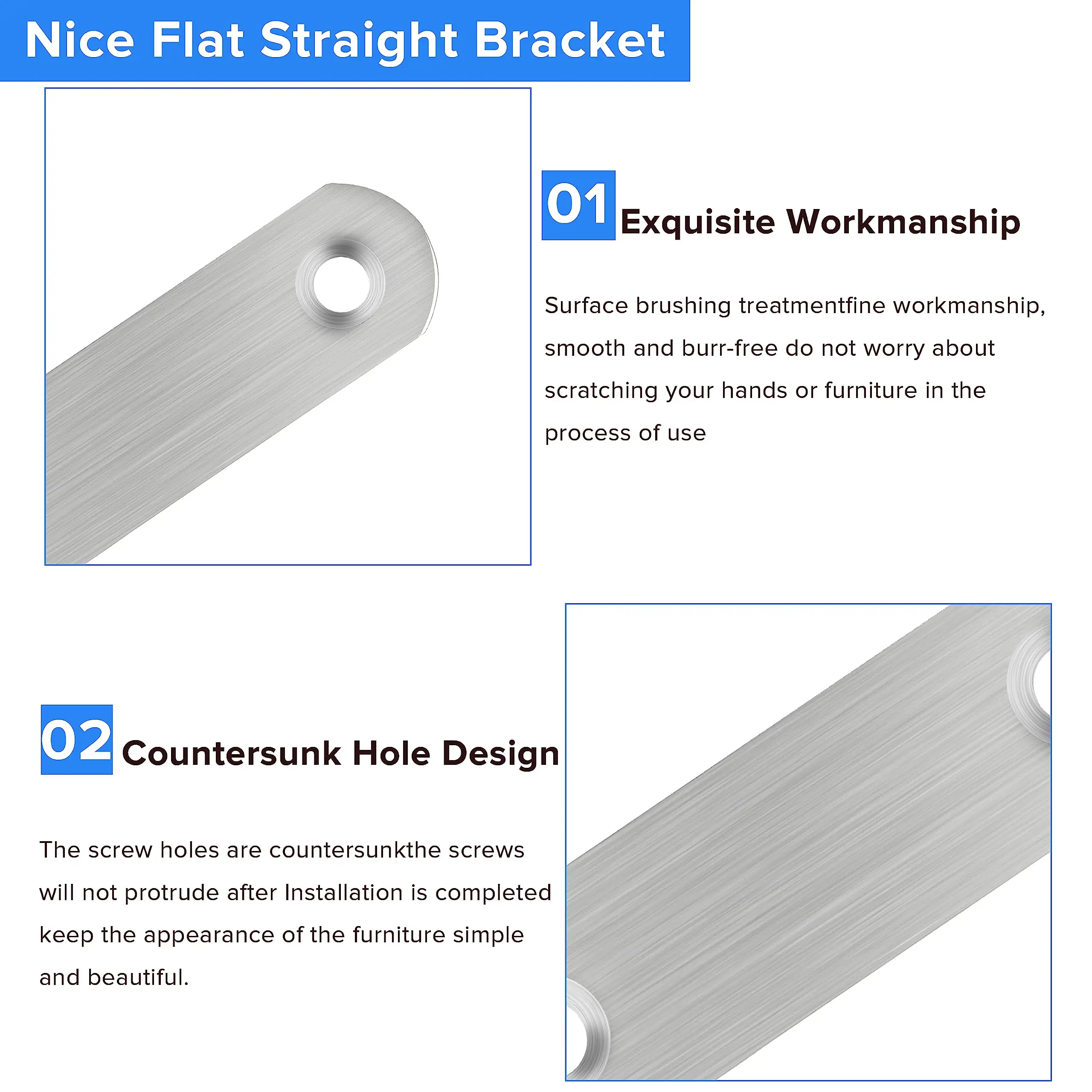 Staffe per tutore piatto dritto in acciaio inossidabile da 2 pezzi. La piastra di collegamento fissa in metallo premium può essere utilizzata per riparare mobili, letti, ecc.