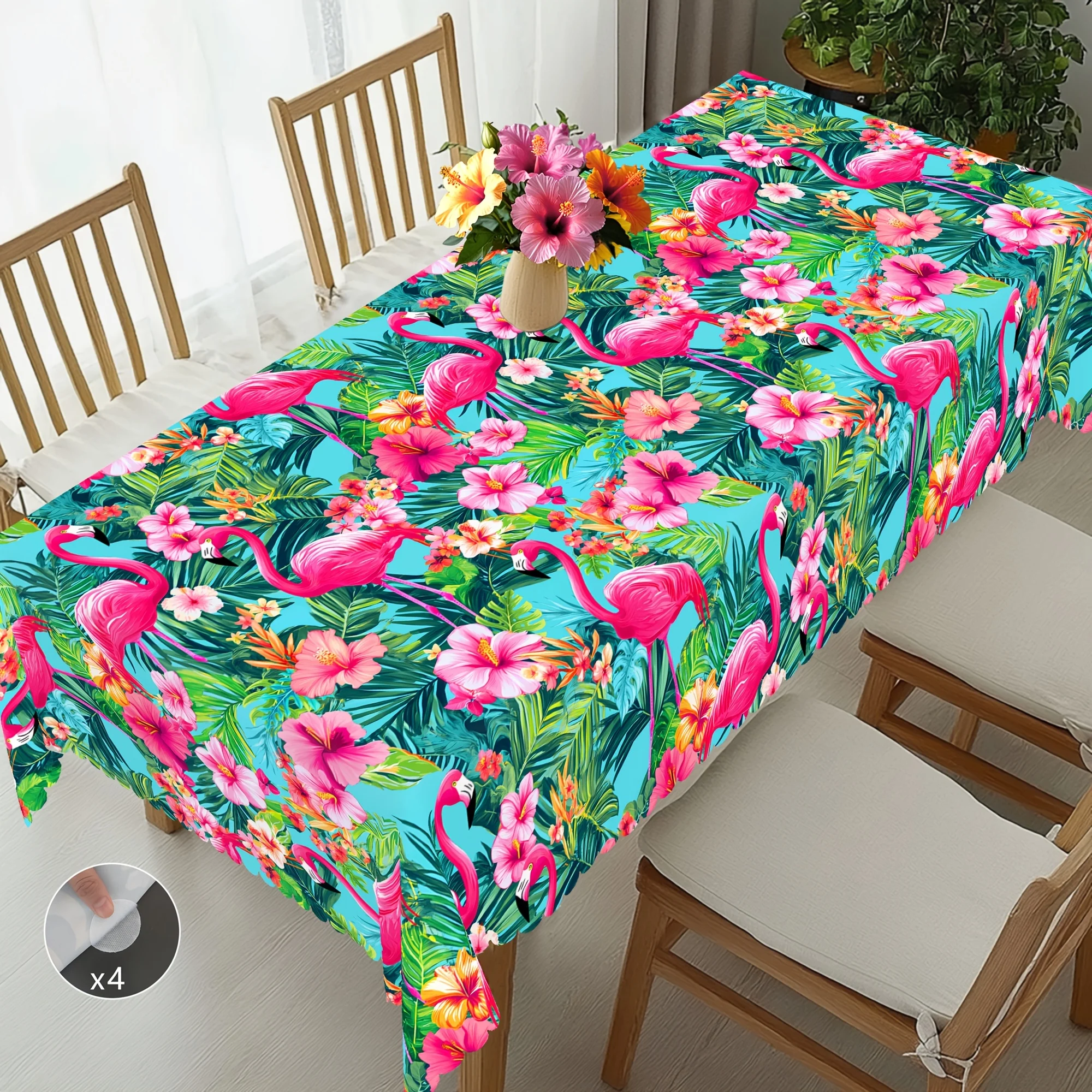 1pc  Tropical Flamingo & Hibiscus Print Tablecloth Waterproof Stain Resistant Dining Table Cover for Kitchen Dining Room Patio