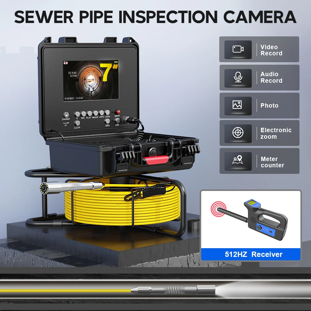 Sewer Pipe Inspection Camera 7" IPS 1080P Screen and  Self-Leveling 512HZ Locator Video+Audio Recording +Meter Counter