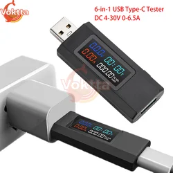 6-in-1 USB Type-C Tester Module Digital Voltmeter Ammeter Battery Capacity Tester DC 4-30V 0-6.5A Voltage Current Power Meter