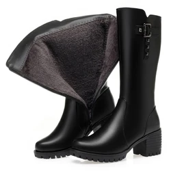 GKTINOO Genuine Leather Knee High Boots For Women Thick Heeled Winter Large Size Warm Wool Shoes Woman Motorcycle Boots Long