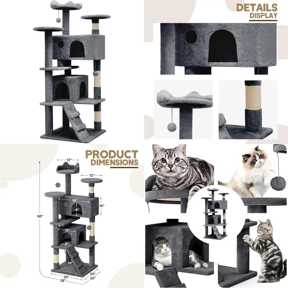 

Многоуровневая кошачья лежанка-башня 60 см с большой платформой, сизалевыми столбиками и пандусом – универсальный домик для котят и взрослых кошек, серый цвет