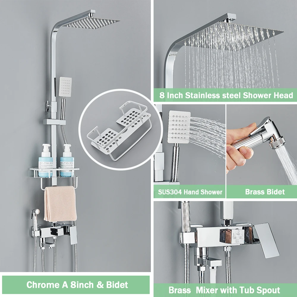 Regenval Badkamer Douchekraan Kit Met Bidet Wandmontage Roestvrij Staal Warm Koud Water Mengkraan Systeem Met Rek, Baduitloop