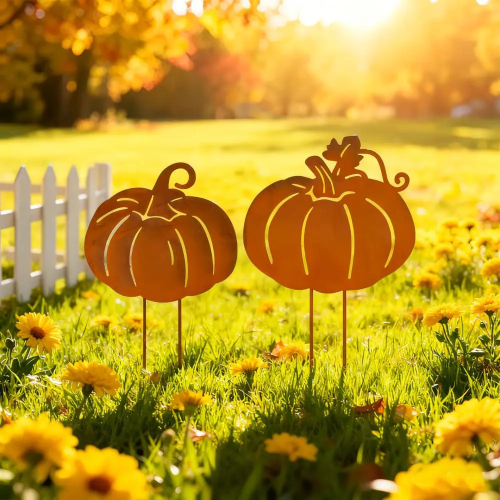 Metal Pumpkin Garden Stake Rustic Fall Outdoor Art Ornament Thanksgiving Lawn Decoration For Exterior Space