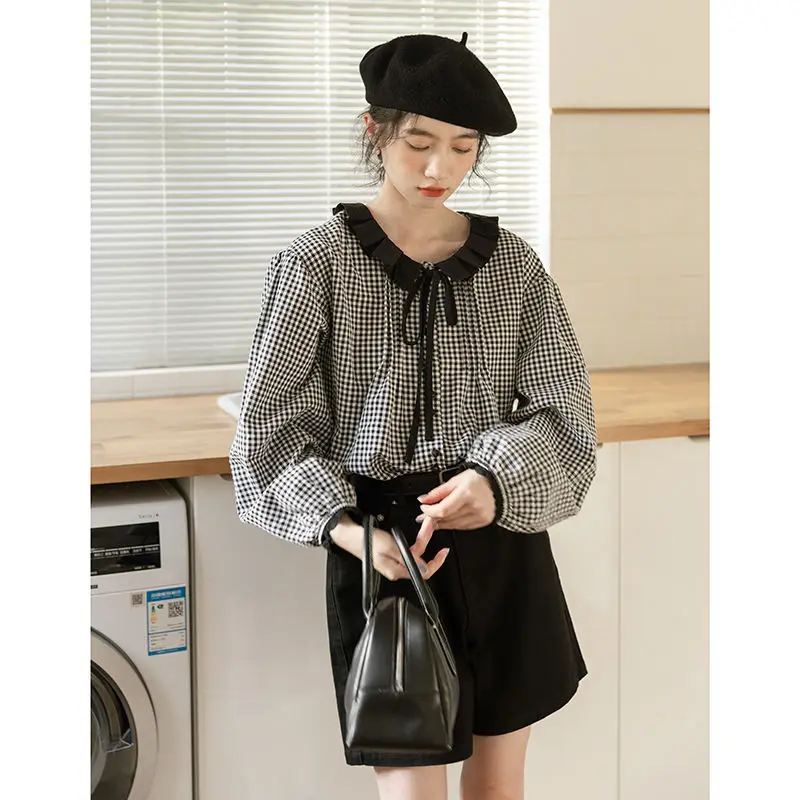 

Spring Autumn Women's Long Sleeved Shirt Checkered Pattern Round Neck Black Fungus Edge Lace Up Girls Casual Single Breasted Top