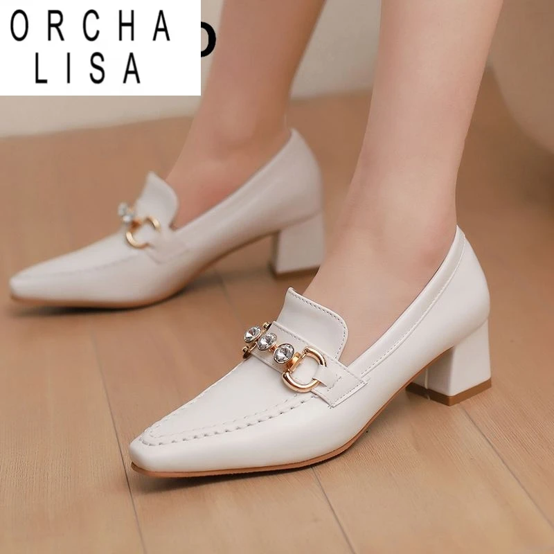 

ORCHA LISA Офисные женские туфли-лодочки 30 31 32 с квадратным носком без шнуровки с металлическим украшением и стразами на блочном каблуке 5 см, большие размеры 49 50